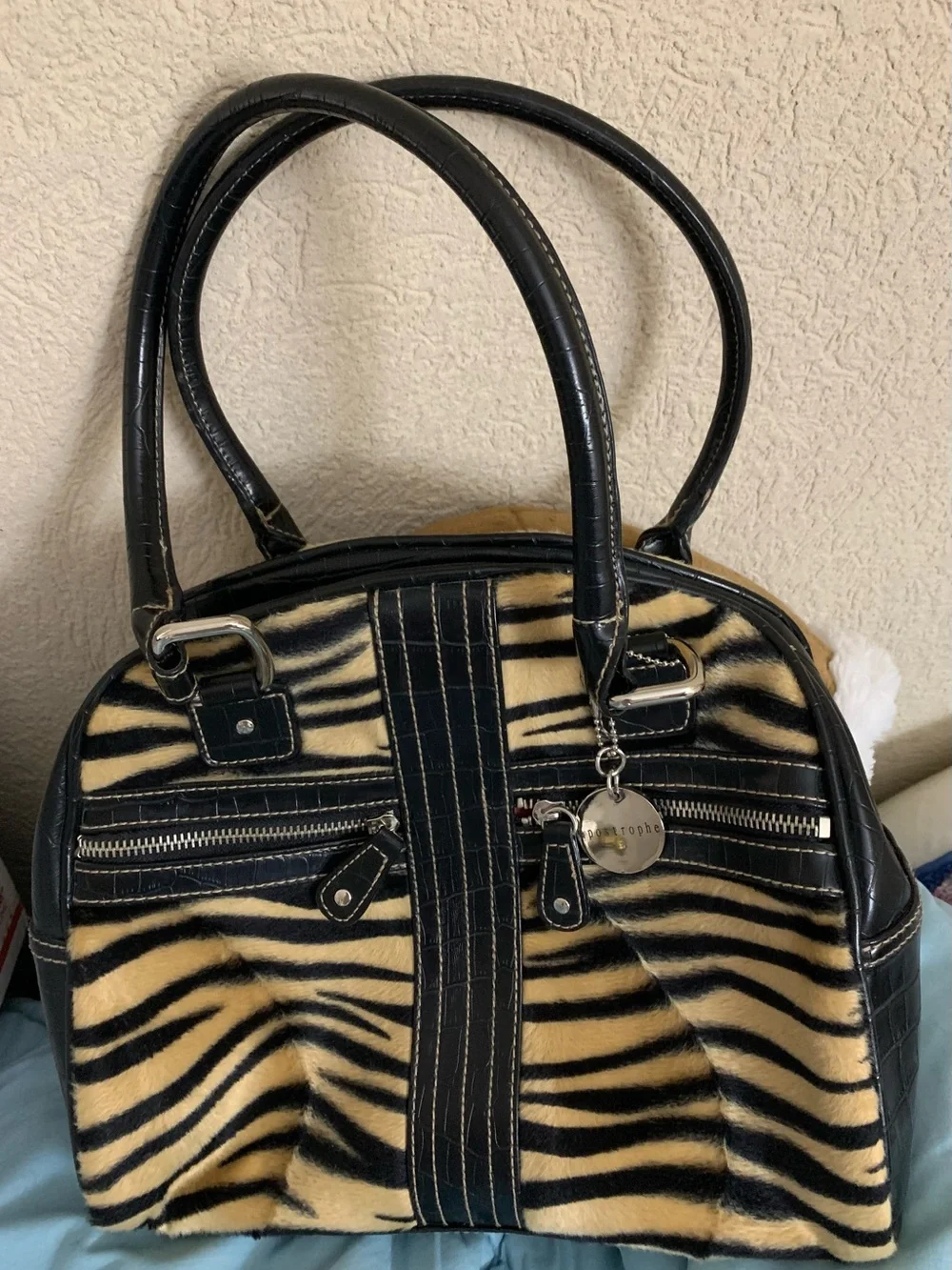 Apostrophe Black and Tan Zebra-Print Satchel